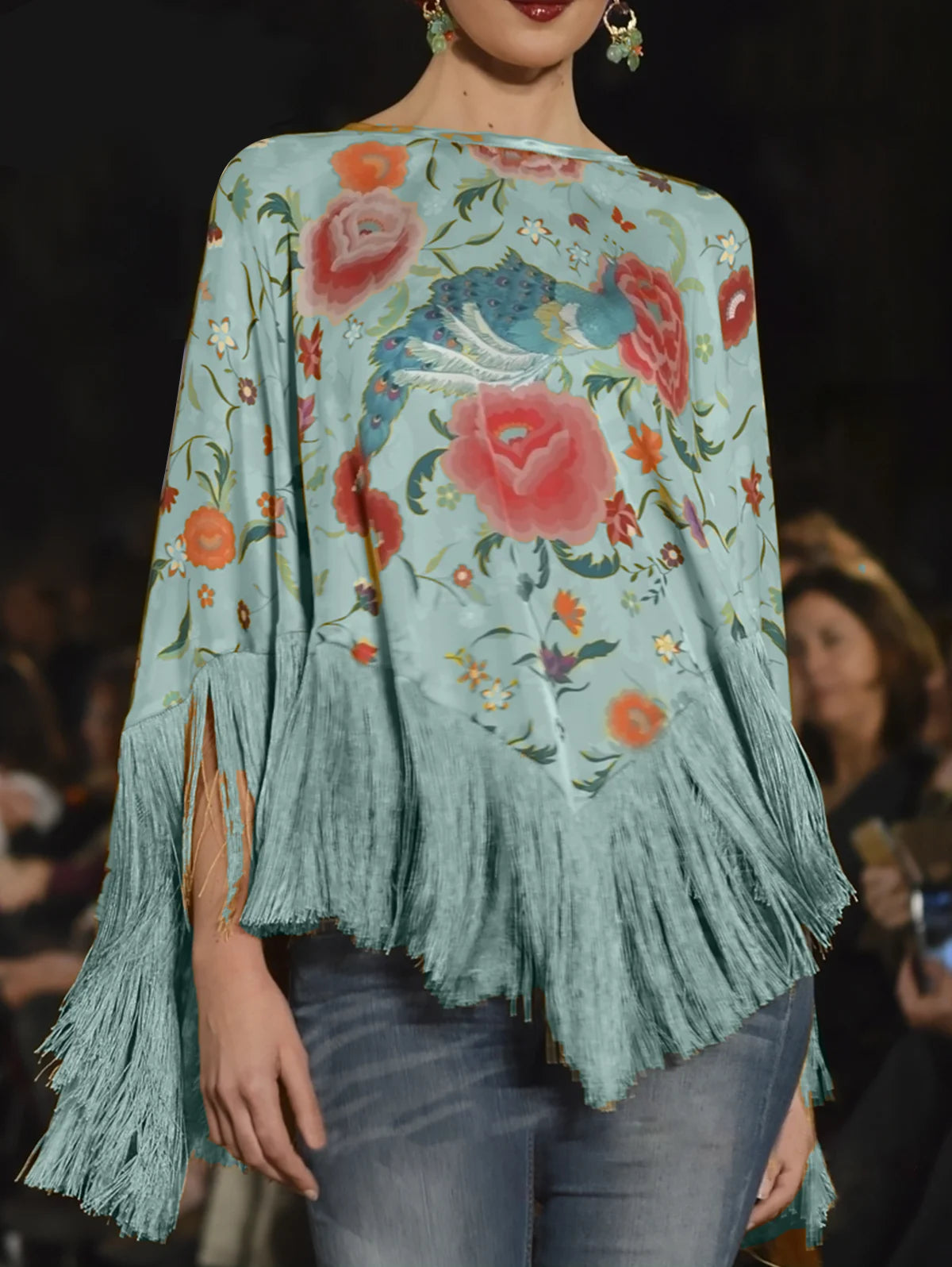Women's Bohemian T-shirt Fashion Flower Top Vintage Elegant Irregular Spliced Tassel Hem Cape Cloak Pullover Women's Clothing