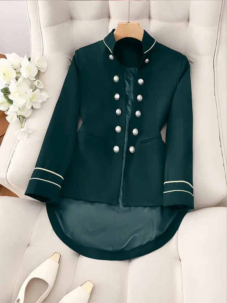 Chic Stand Collar Long Sleeve Jacket Outerwear Office Lady Spring Autumn Fashion Elegant Tailed Blazers Coat For Women 2025 Tops
