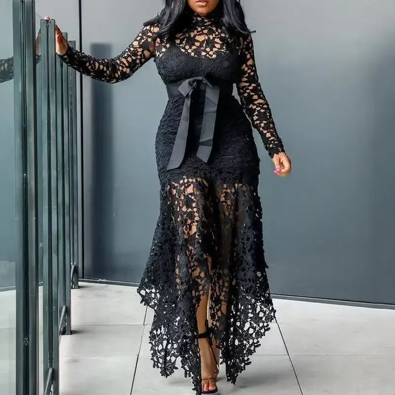 Plus Size Women's Elegant Lace Hollow Out Dress Vintage Patchwork Mermaid Dress Autumn Asymmetric Hem Evening Party Dress