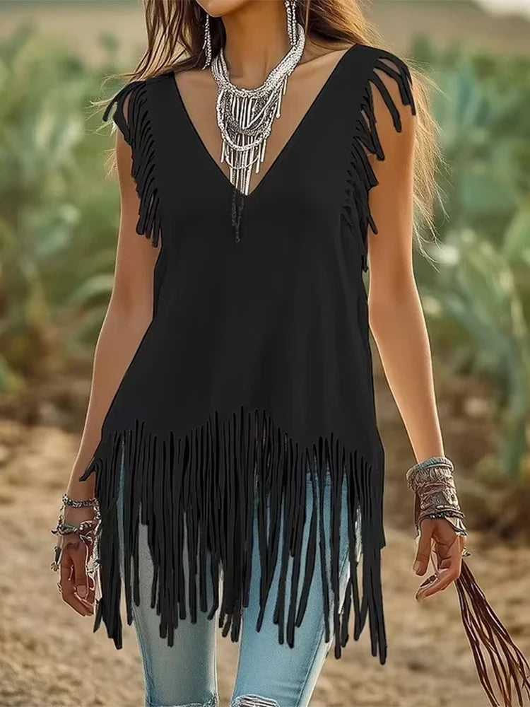 Women Tassel Tank Top Sexy Sleeveless Baggy T-shirt Vest Tee Blouse Tank Tops Irregular Fringe Feminino V Neck Streetwear Top