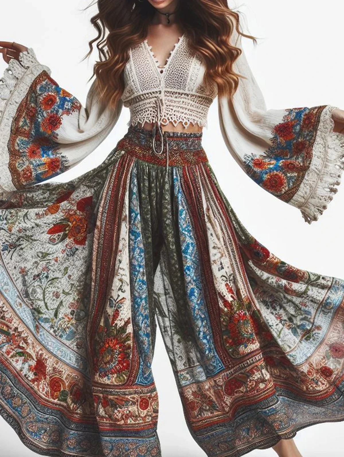 Elegant Women's Trousers Bohemian Style Classic Retro Floral Pattern Print Elastic Waist High Waist Women's Wide Leg Pants