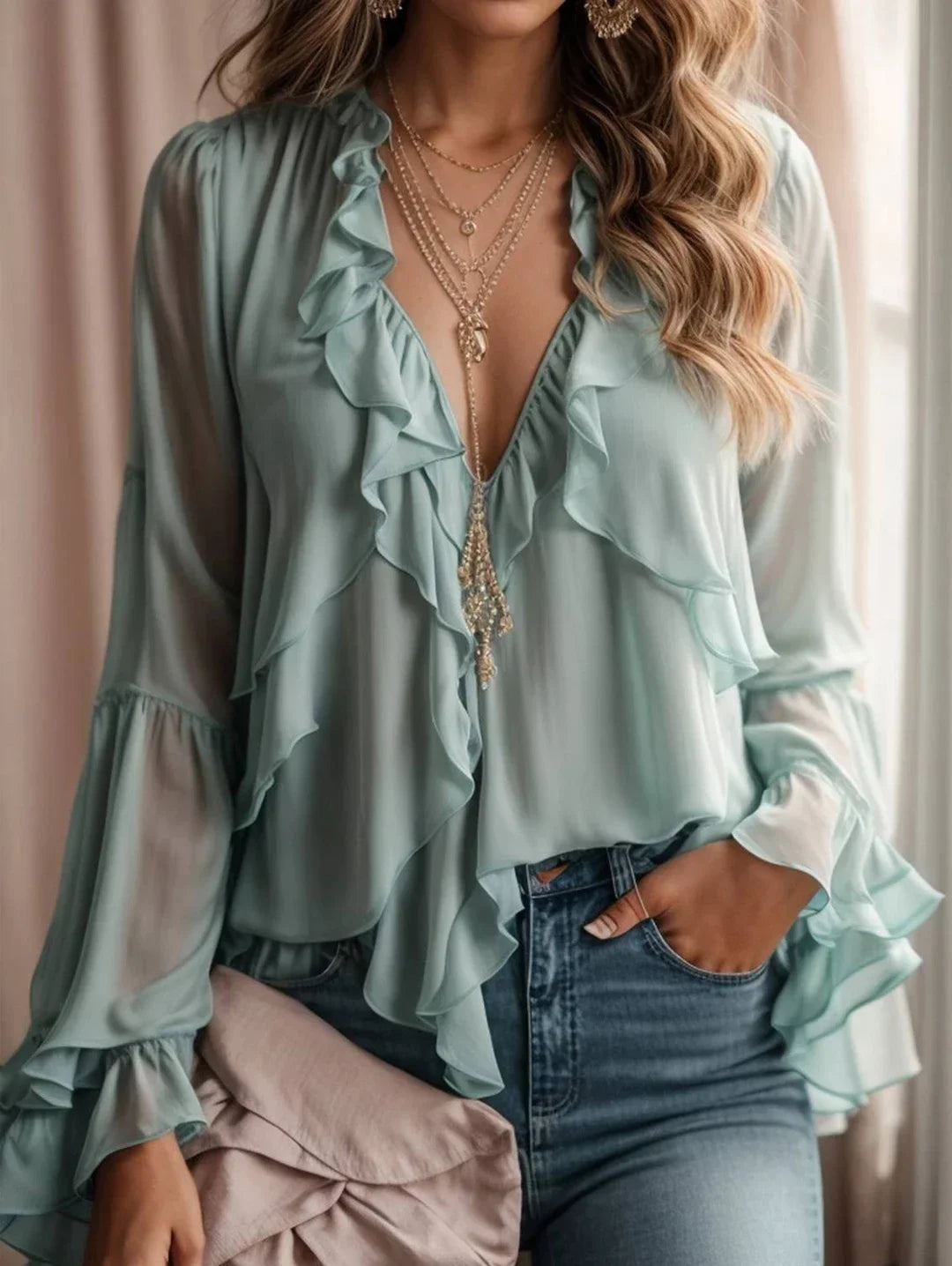 Fashionable Summer Women's Shirt Elegant Cascading Ruffled Layered Sexy V-Neck Trumpet Sleeve Long Sleeve Women's Casual Shirt