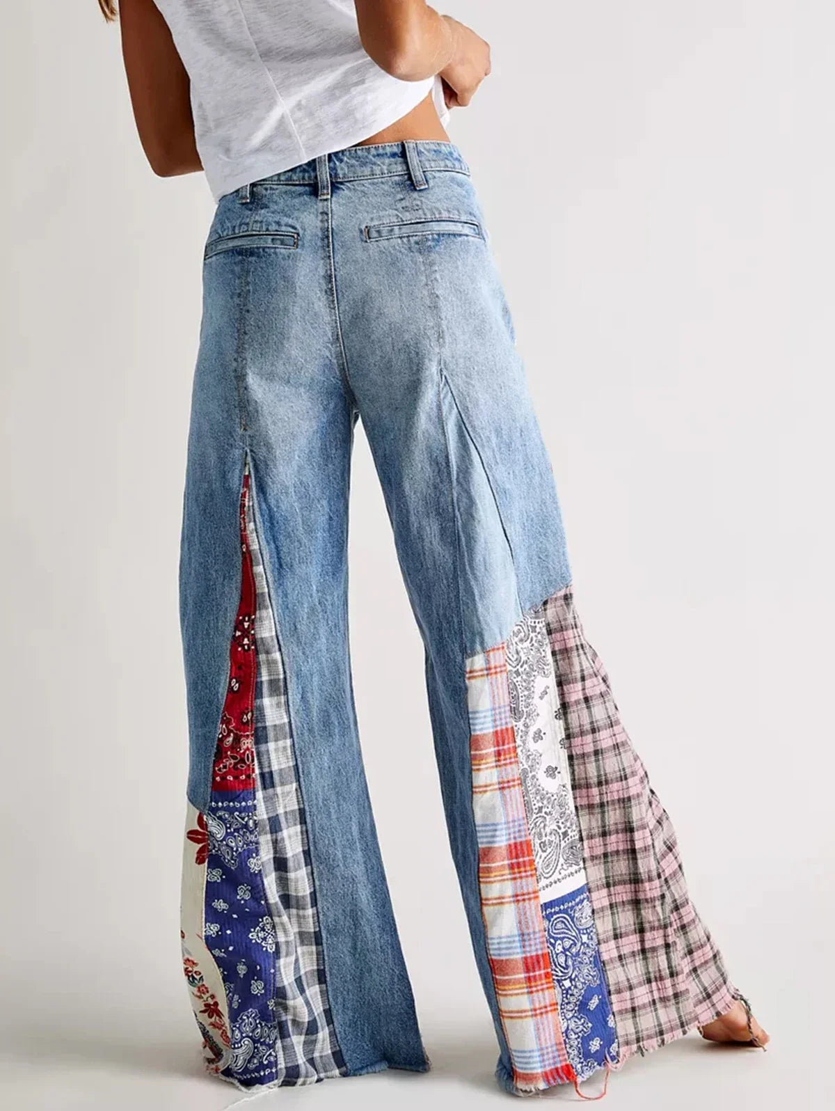 Women's Patchwork Denim Big Flare Pants Vintage Zipper Streetwear Pocket Wide Leg Mid-Waist Jeans Pants Spring Autumn 2024