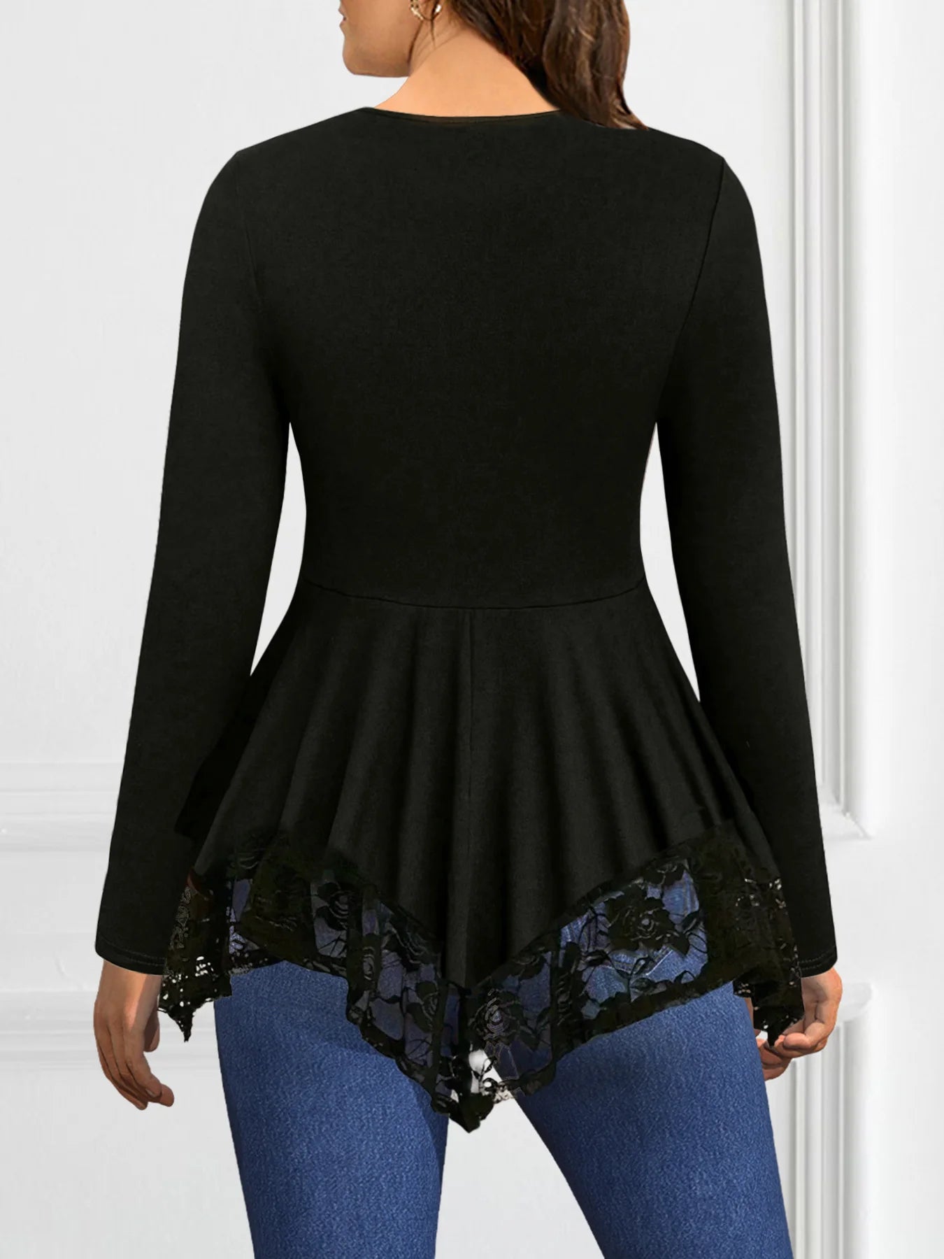 Women Long Sleeve T shirt Casual Black Lace-Up Lace Patchwork V-Neck Spring Autumn Summer Basic Soft Pullovers Tee Top 2025