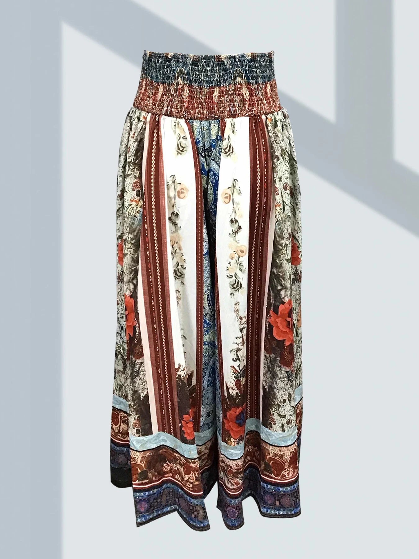Elegant Women's Trousers Bohemian Style Classic Retro Floral Pattern Print Elastic Waist High Waist Women's Wide Leg Pants