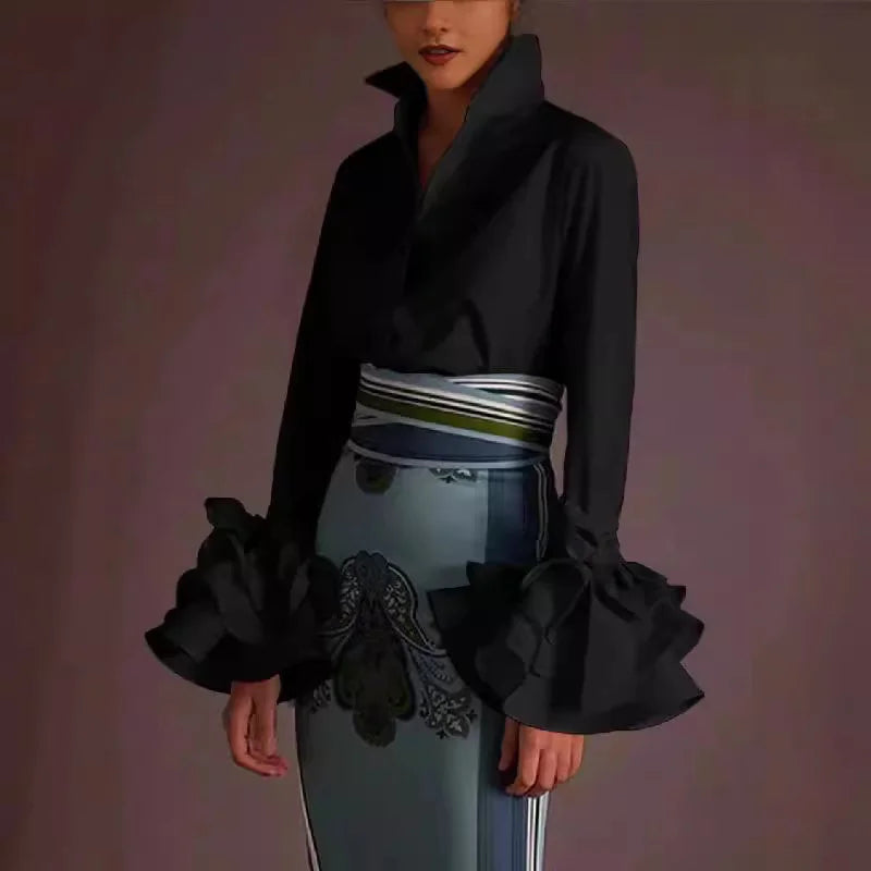 2025 New Autumn Elegant Flared Sleeves Blouses Fashion Bow-Embellished Falbala Solid Color Lapel Shirts Tops For Women