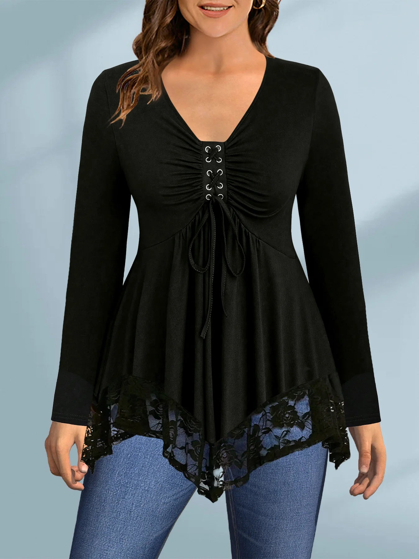 Women Long Sleeve T shirt Casual Black Lace-Up Lace Patchwork V-Neck Spring Autumn Summer Basic Soft Pullovers Tee Top 2025