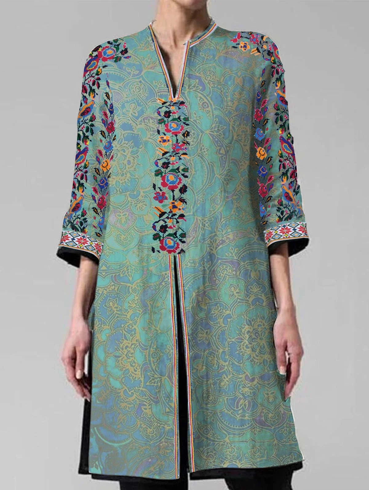 Plus Size Women‘s Notched Neck Floral Slit Side Longline Shirts Ethnic Styles 3/4 Sleeve Blouses Retro Harajuku Shirts